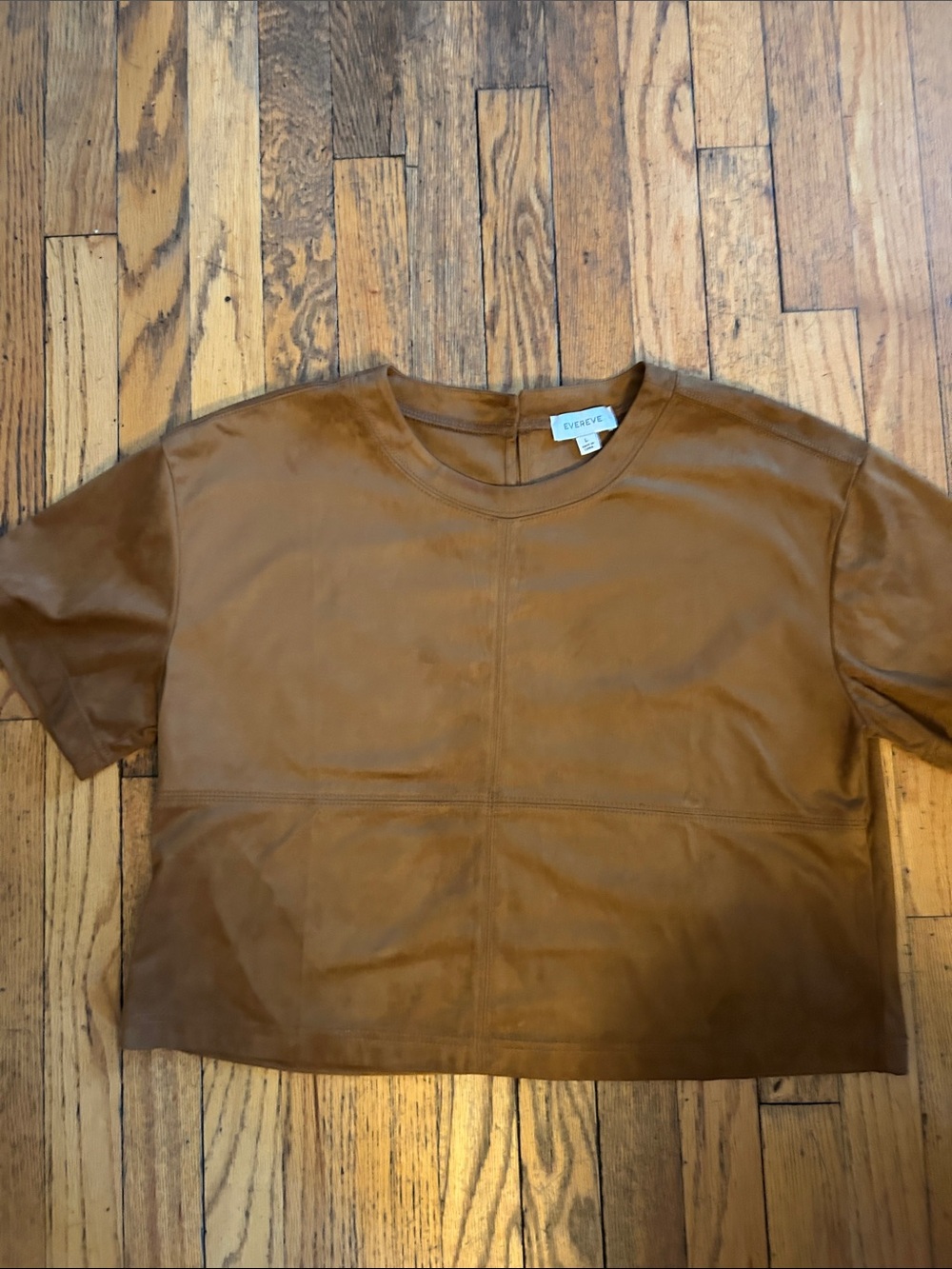Evereve Warm Cognac Brown Short Sleeve Top faux suede
